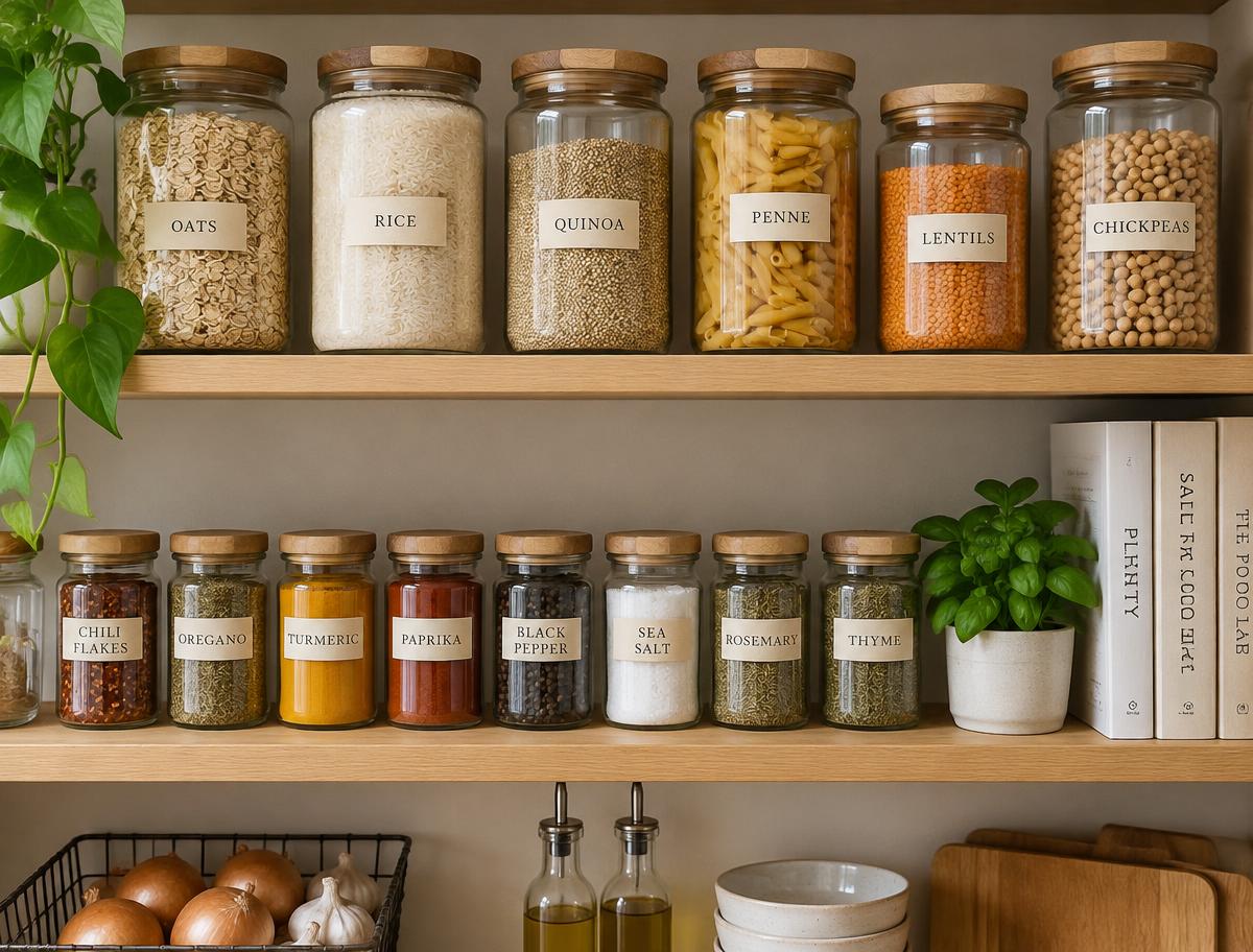 Kitchen shelf of labelled pantry jars